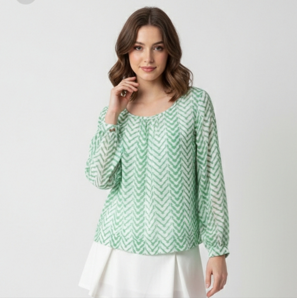 Umgee Blouse Green White Geometric Sheer Cold Shoulder Open Back M